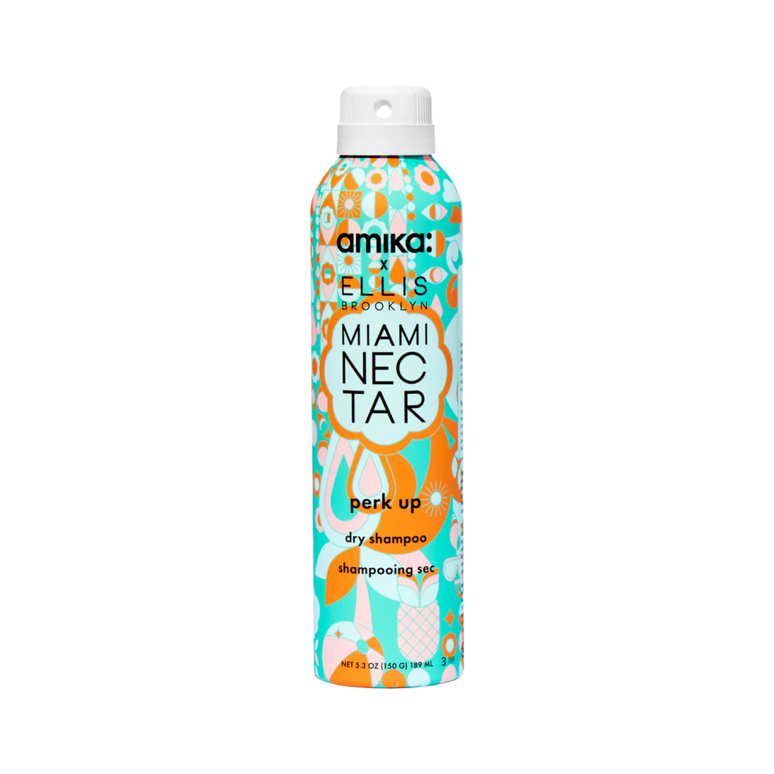 Flacon Amika x Ellis Brooklyn MIAMI NECTAR Perk Up Dry Shampoo – édition limitée au parfum ananas et noix de coco.