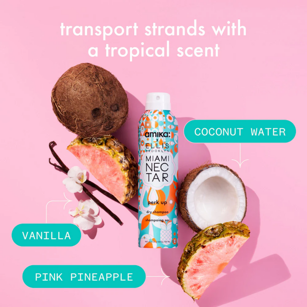 Flacon Amika x Ellis Brooklyn MIAMI NECTAR Perk Up Dry Shampoo – édition limitée au parfum ananas et noix de coco.