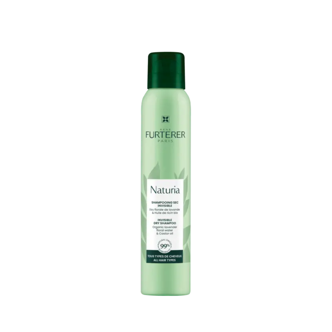 Flacon du shampooing sec invisible Naturia de René Furterer, design argenté, posé sur fond clair.