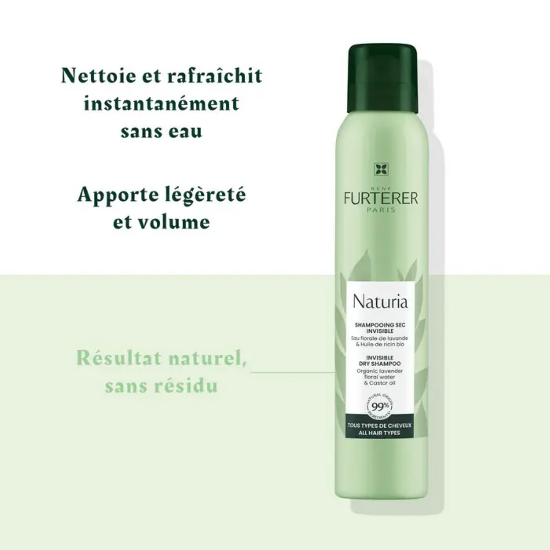 Flacon du shampooing sec invisible Naturia de René Furterer, design argenté, posé sur fond clair.