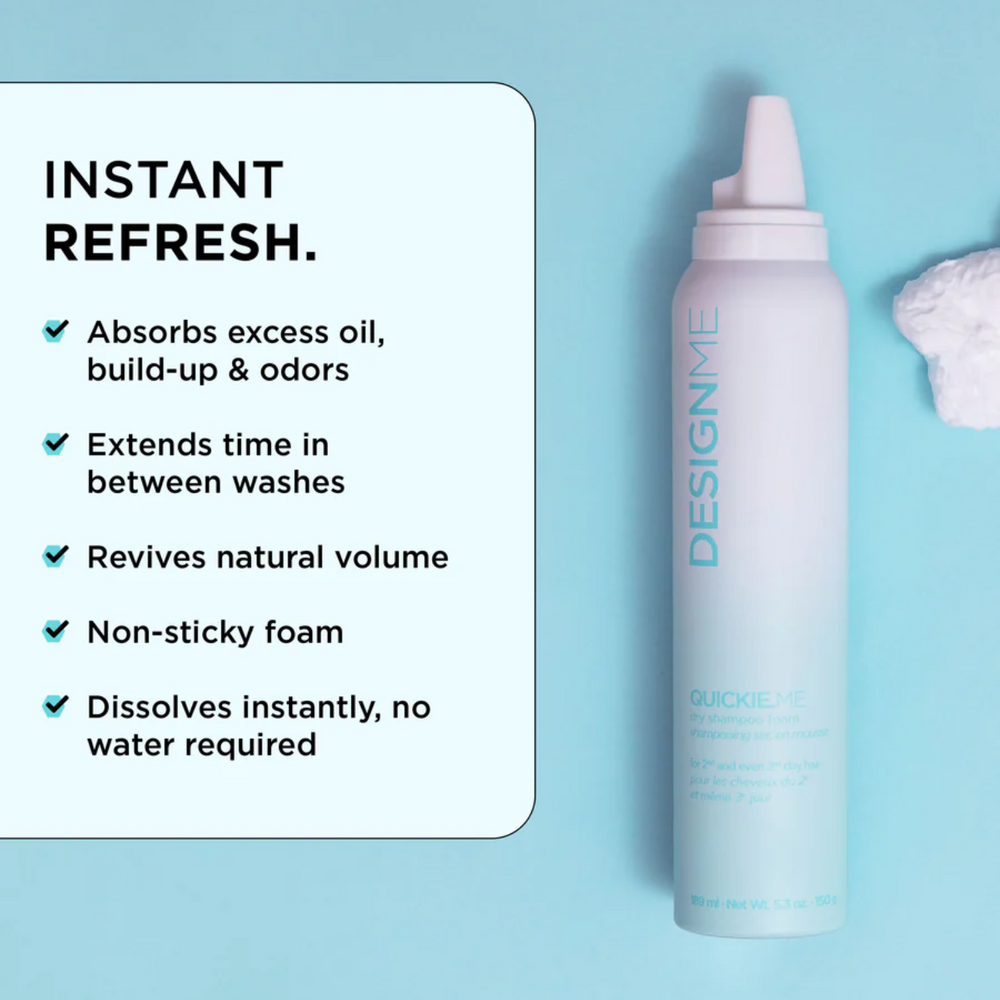 Shampoing sec mousse QUICKIE.ME de DESIGNME – mousse vegan invisible qui absorbe le sébum et redonne du volume