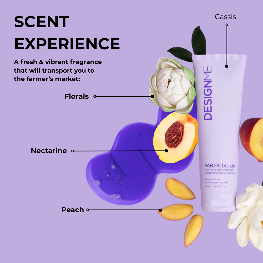 Tube de shampooing mauve fortifiant FAB.ME Blonde, neutralise reflets jaunes, cheveux brillants et renforcés
