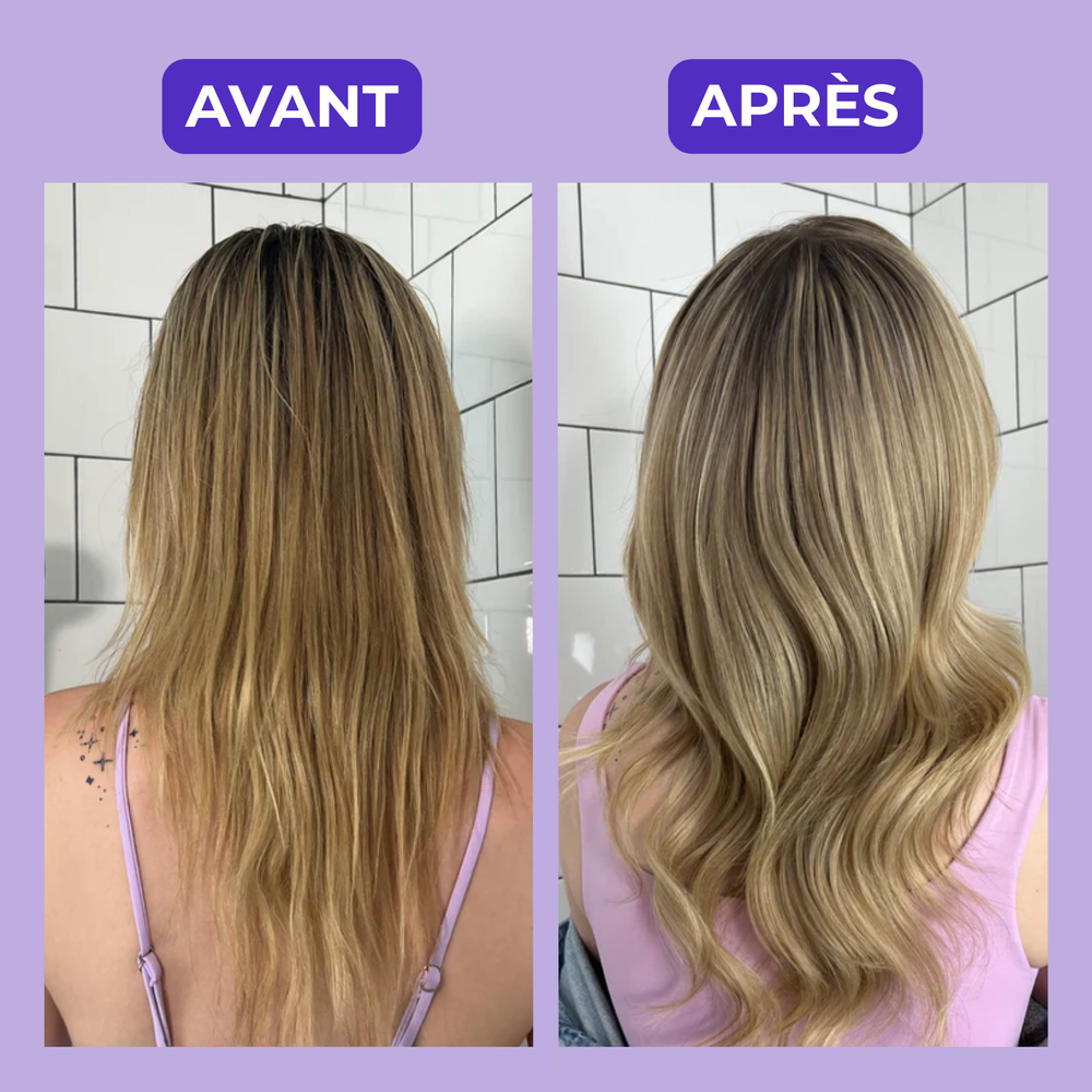 Tube de shampooing mauve fortifiant FAB.ME Blonde, neutralise reflets jaunes, cheveux brillants et renforcés