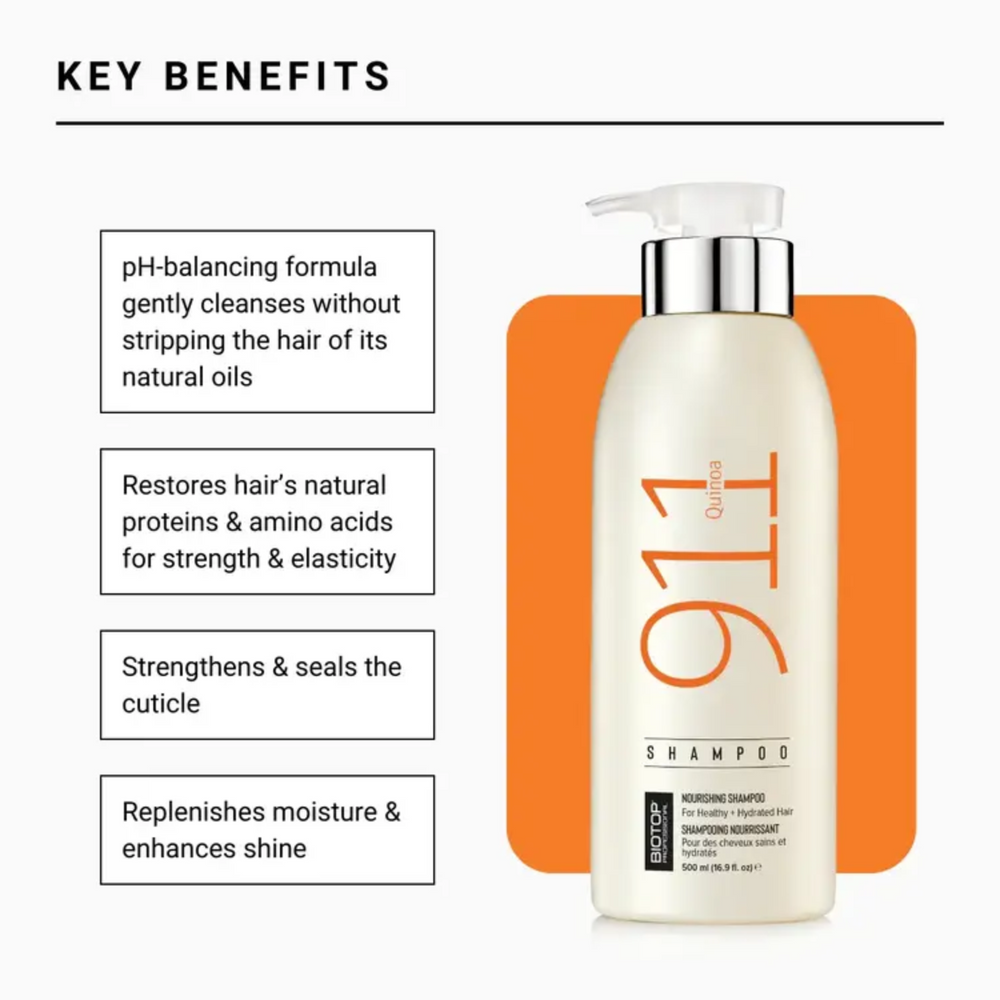 Flacon du shampooing 911 Quinoa Biotop Professional, soin nutritif et hydratant pour cheveux doux, brillants et renforcés