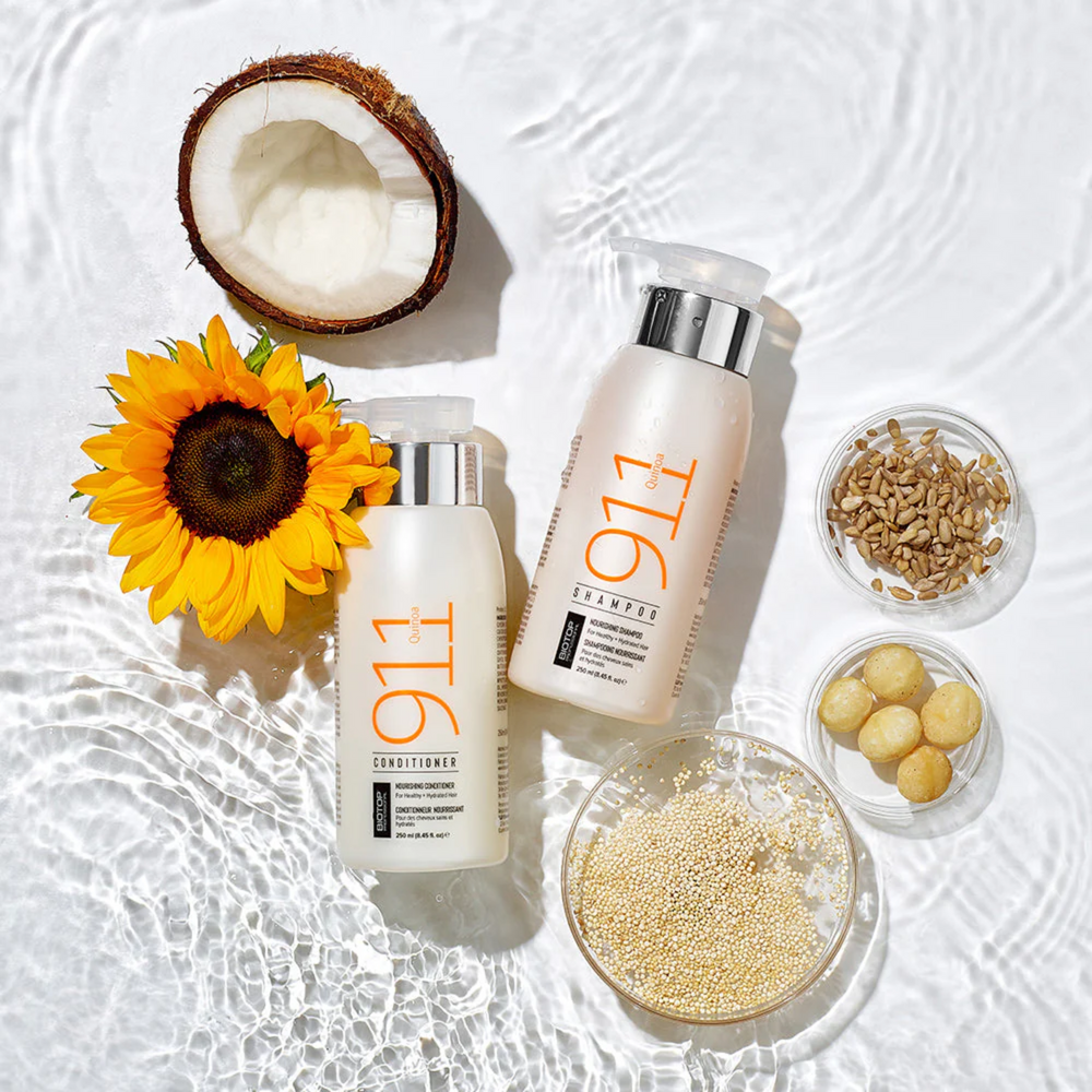 Flacon du shampooing 911 Quinoa Biotop Professional, soin nutritif et hydratant pour cheveux doux, brillants et renforcés