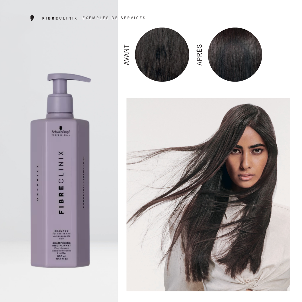 Shampooing anti-frisottis Schwarzkopf Fibre Clinix De-Frizz, nettoie et lisse les cheveux épais.