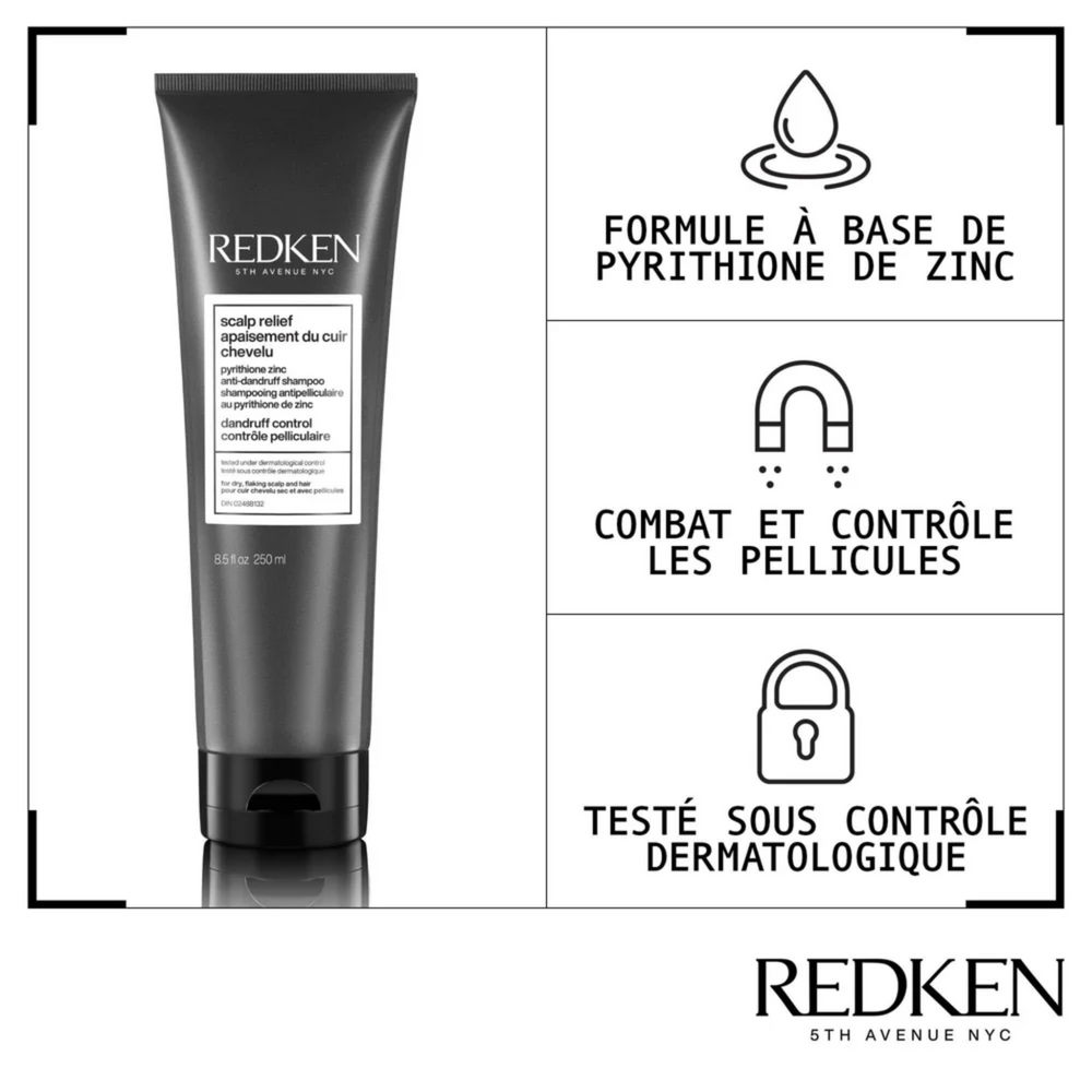 Flacon de shampooing Redken Scalp Relief, antipelliculaire à la pyrithione de zinc, pour un cuir chevelu purifié et apaisé