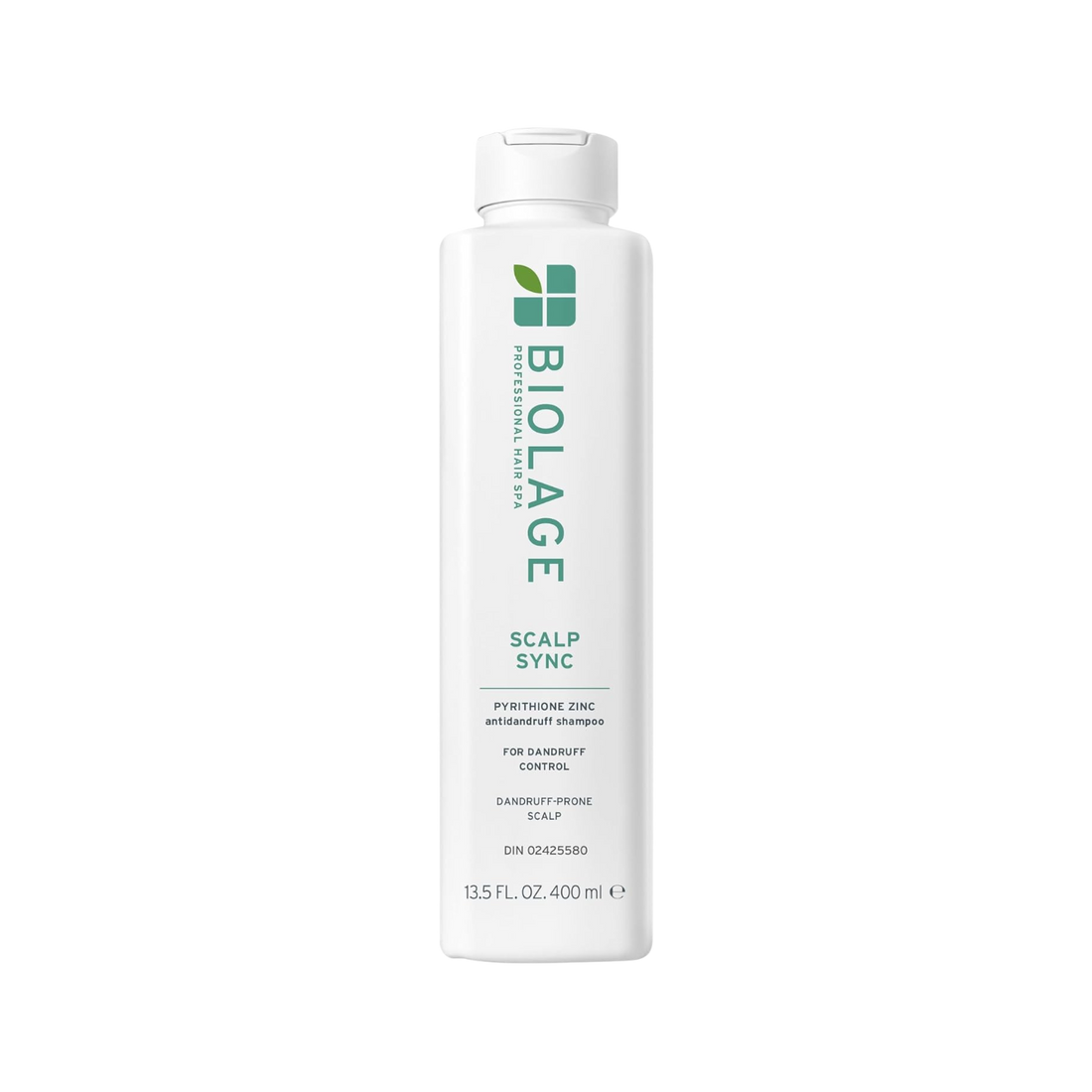 Flacon de 400 ml du shampooing Biolage ScalpSync Anti-Dandruff, enrichi en pyrithione de zinc et extrait de menthe poivrée, pour un cuir chevelu apaisé.