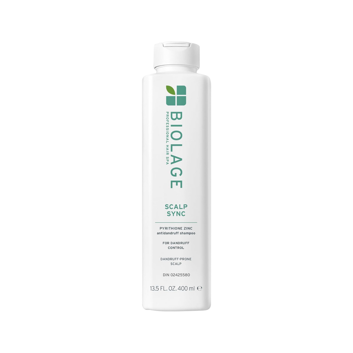 Flacon de 400 ml du shampooing Biolage ScalpSync Anti-Dandruff, enrichi en pyrithione de zinc et extrait de menthe poivrée, pour un cuir chevelu apaisé.