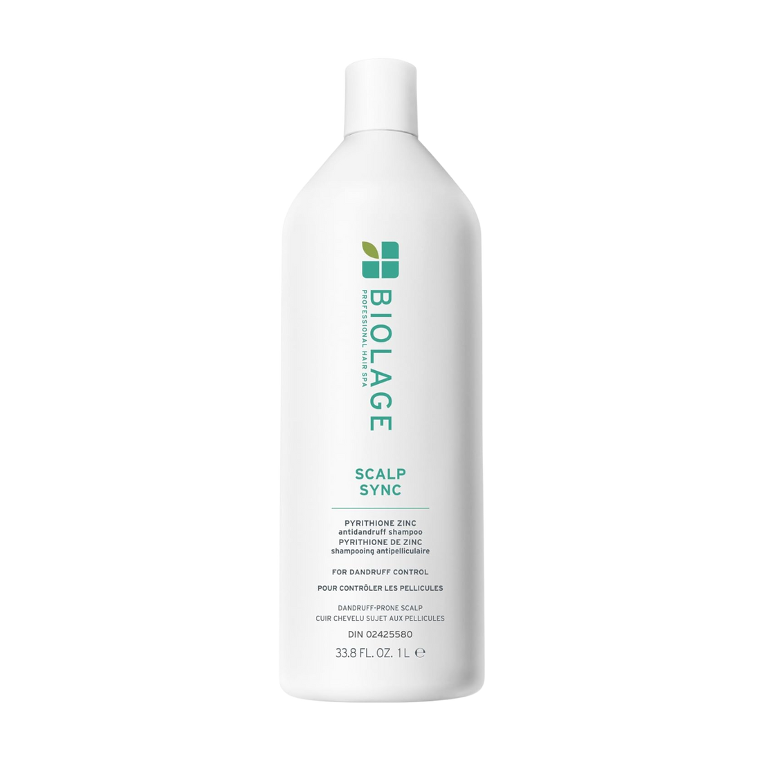 Flacon de 400 ml du shampooing Biolage ScalpSync Anti-Dandruff, enrichi en pyrithione de zinc et extrait de menthe poivrée, pour un cuir chevelu apaisé.