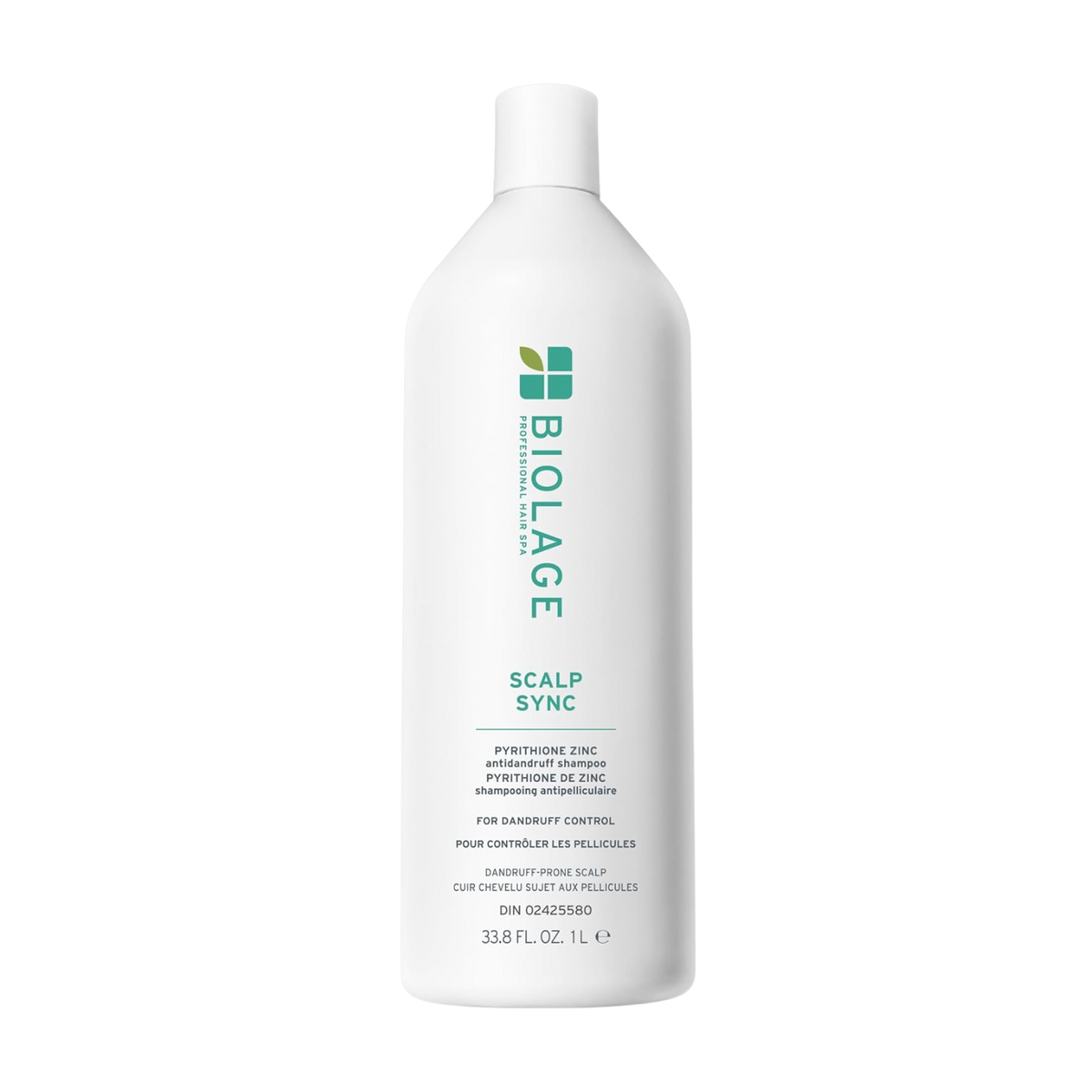 Flacon de 400 ml du shampooing Biolage ScalpSync Anti-Dandruff, enrichi en pyrithione de zinc et extrait de menthe poivrée, pour un cuir chevelu apaisé.