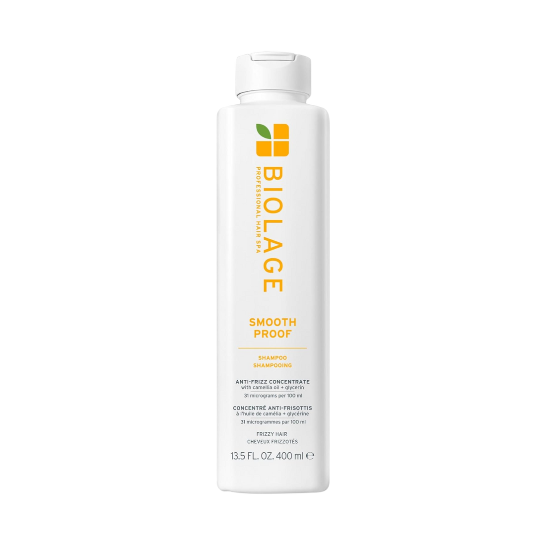 « Flacon de Biolage Smooth Proof Shampoo – anti‑frizz sans silicone, flacon transparent avec capuchon vert, shampooing blond clair »