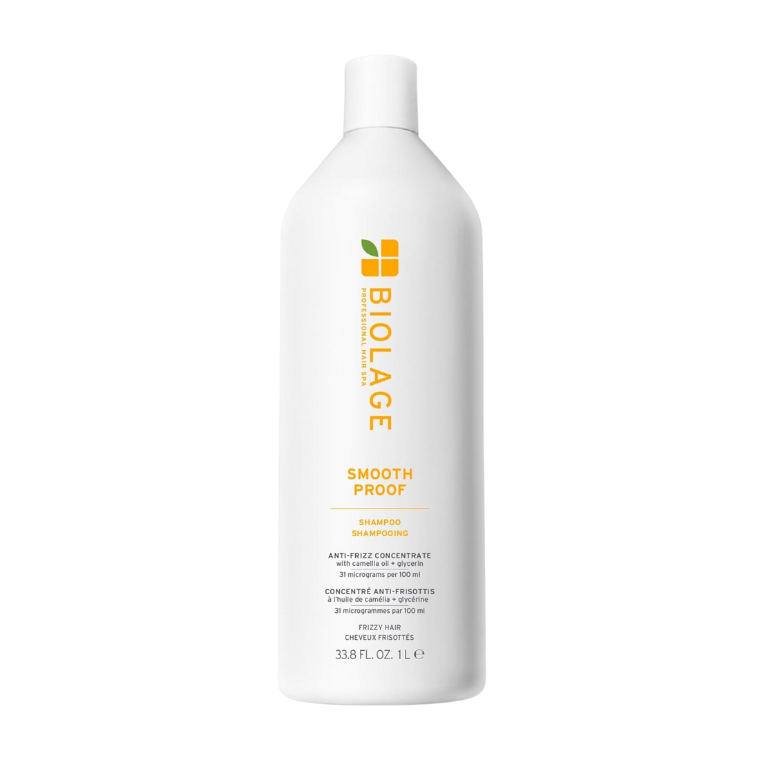 « Flacon de Biolage Smooth Proof Shampoo – anti‑frizz sans silicone, flacon transparent avec capuchon vert, shampooing blond clair »