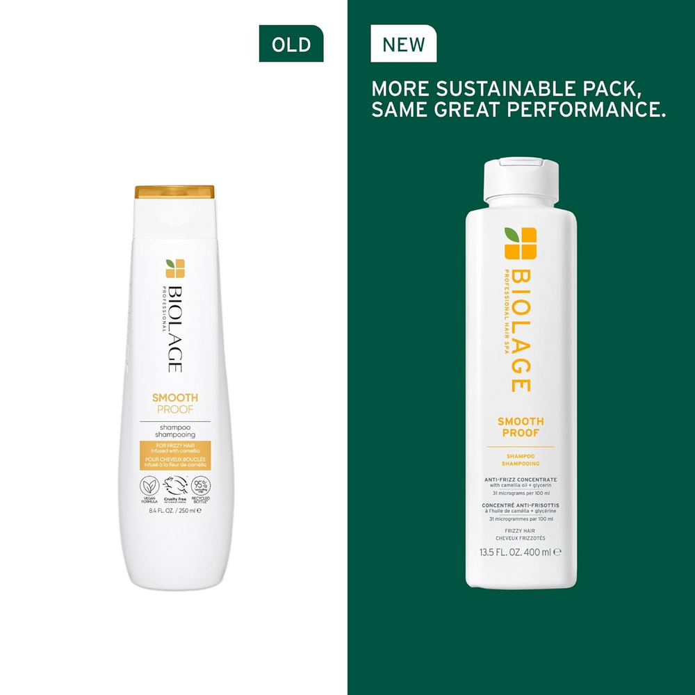 « Flacon de Biolage Smooth Proof Shampoo – anti‑frizz sans silicone, flacon transparent avec capuchon vert, shampooing blond clair »
