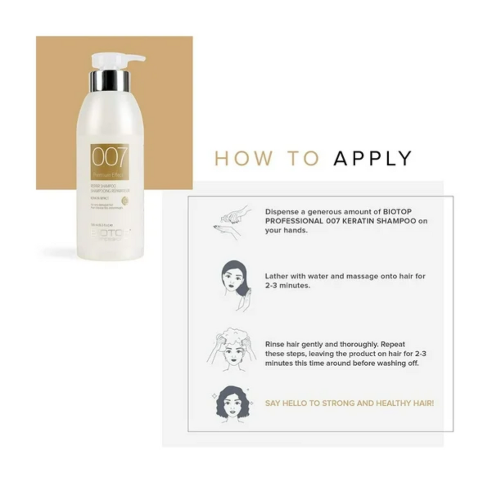 Flacon de shampooing Biotop 007 Keratin Impact 1 L, étiquette sobre et design élégant.