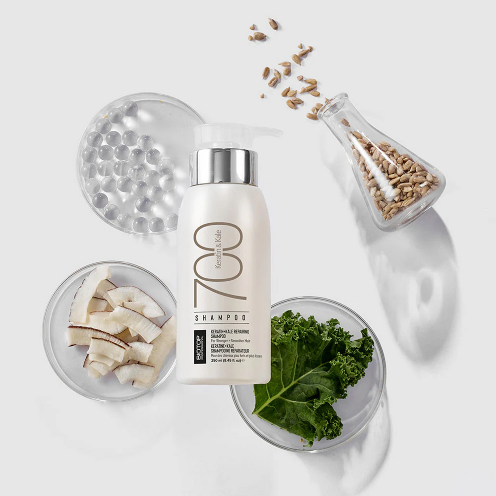 Flacon de shampooing Biotop 700 Keratin & Kale (250 mL), tube aux accents verts et étiquette sobre.