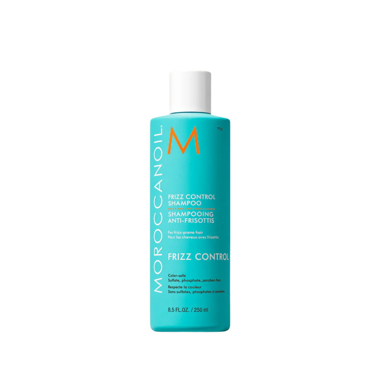 Flacon bleu Moroccanoil Frizz Control Shampoo, soin anti-frisottis 72 h

