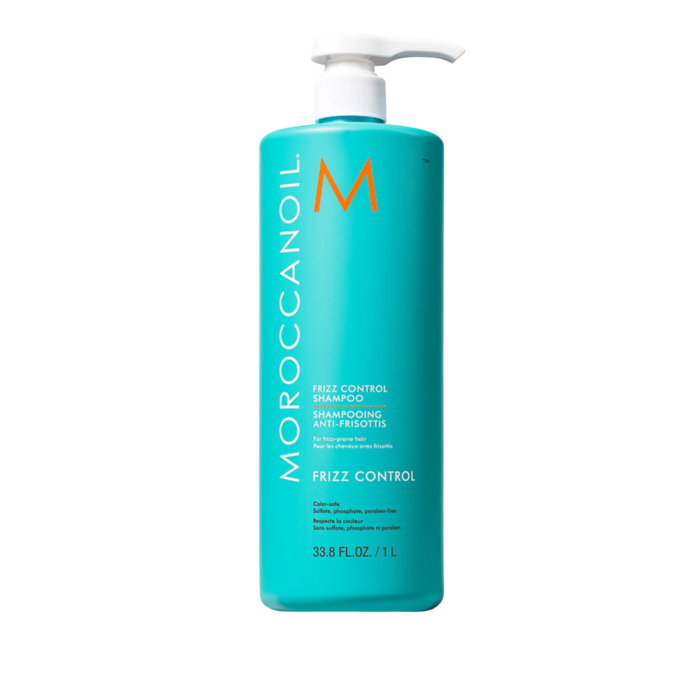 Flacon bleu Moroccanoil Frizz Control Shampoo, soin anti-frisottis 72 h

