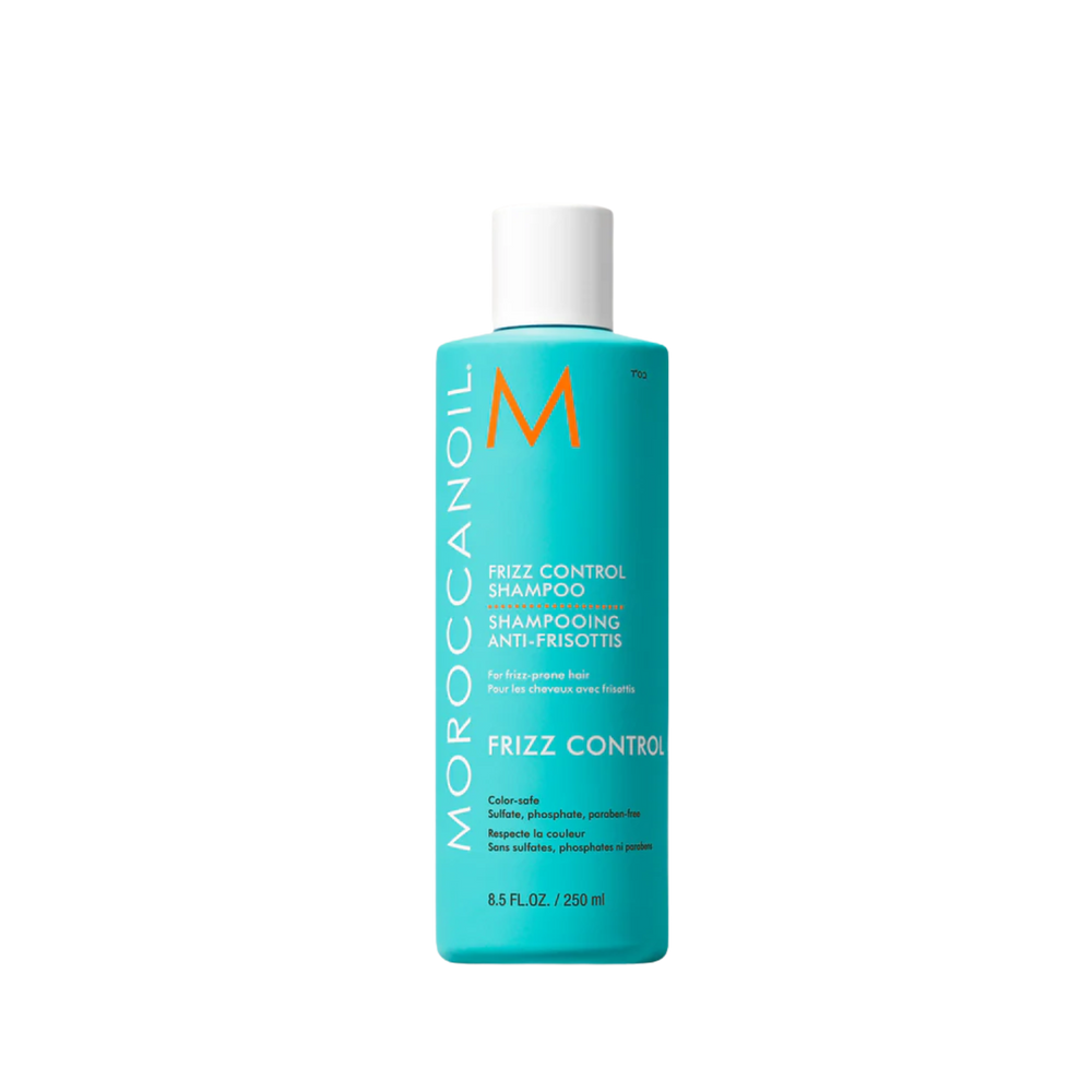 Flacon bleu Moroccanoil Frizz Control Shampoo, soin anti-frisottis 72 h

