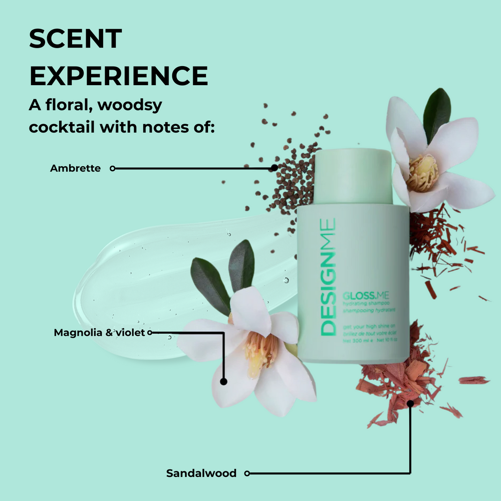 Flacon du shampooing hydratant GLOSS.ME, texture mousse riche, cheveux doux et brillants