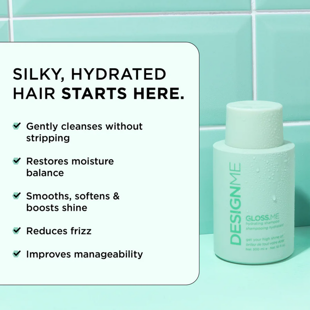 Flacon du shampooing hydratant GLOSS.ME, texture mousse riche, cheveux doux et brillants