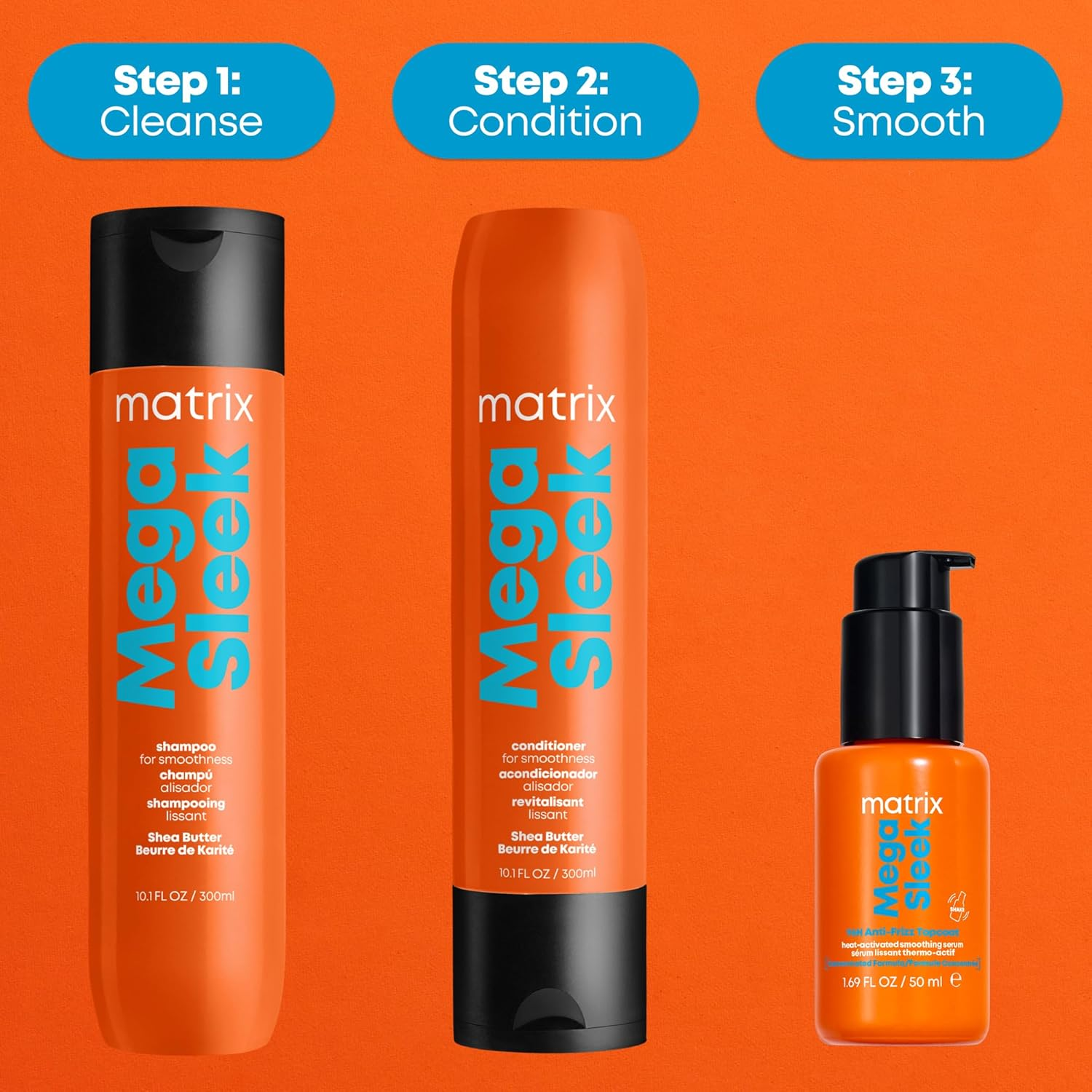 « Flacon de shampooing Matrix Mega Sleek – soin lissant anti-frisottis pour cheveux épais »