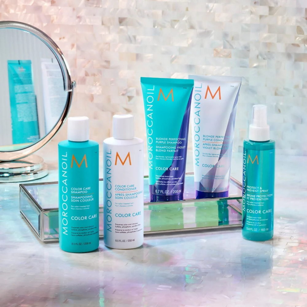 Flacon turquoise Moroccanoil Color Care Shampoo 250 ml, soin pour cheveux colorés

