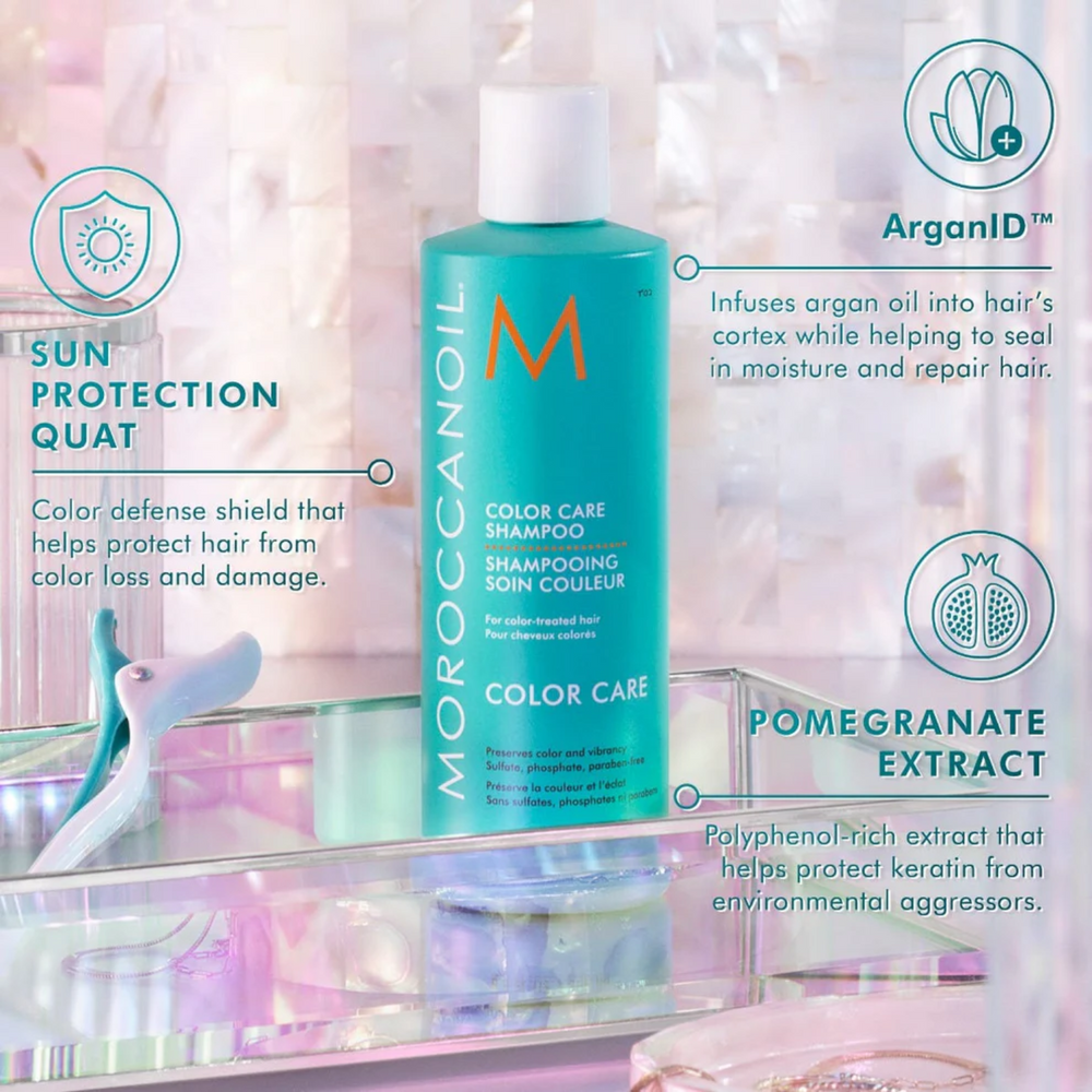 Flacon turquoise Moroccanoil Color Care Shampoo 250 ml, soin pour cheveux colorés

