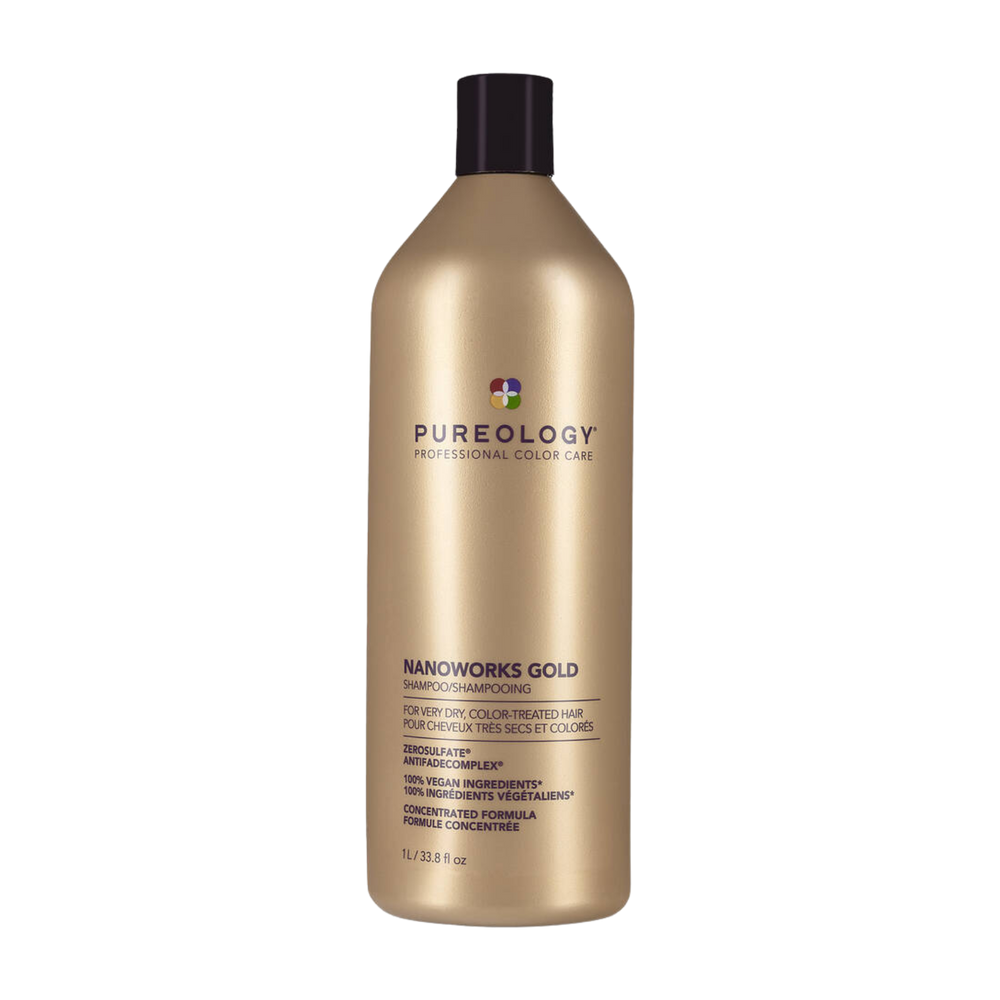 Shampooing Nanoworks Gold Pureology – soin vegan réparateur, éclat et douceur pour cheveux matures ou colorés