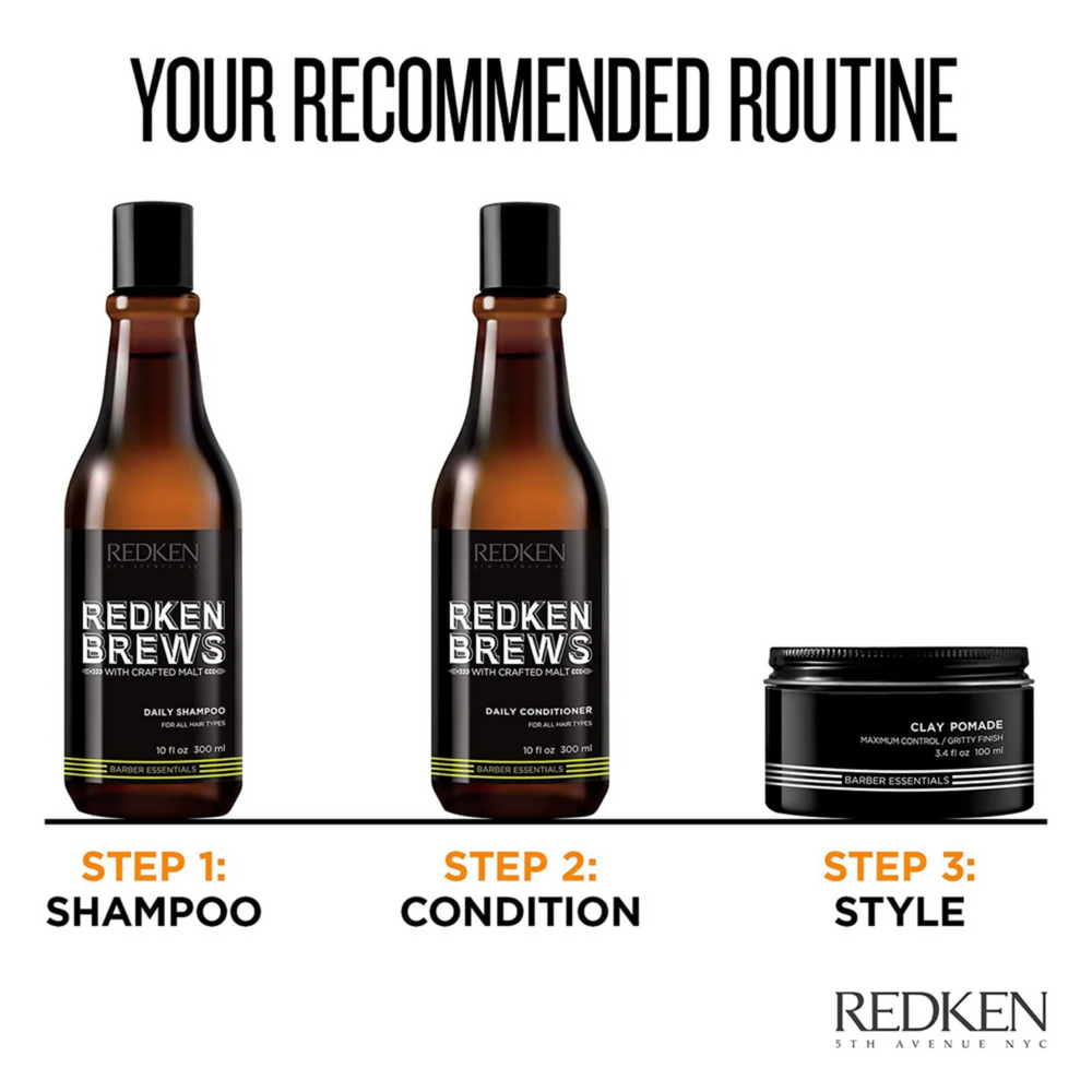 Bouteille de shampooing Redken Brews 1 000 ml avec étiquette noire, format professionnel pour usage quotidien masculin