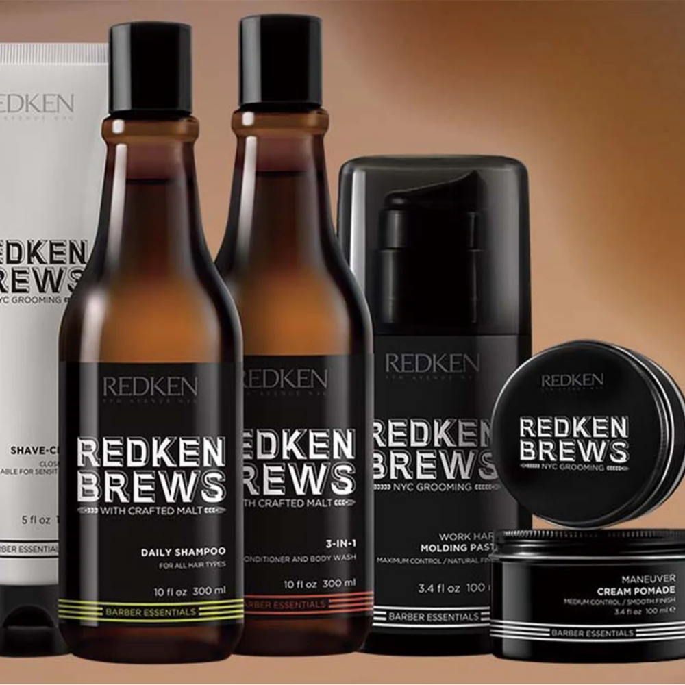 Bouteille de shampooing Redken Brews 1 000 ml avec étiquette noire, format professionnel pour usage quotidien masculin