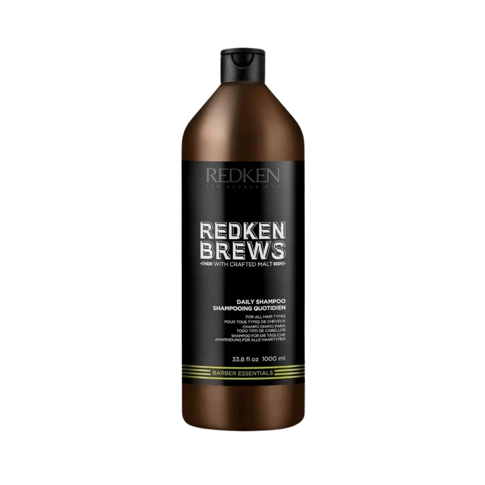 Bouteille de shampooing Redken Brews 1 000 ml avec étiquette noire, format professionnel pour usage quotidien masculin