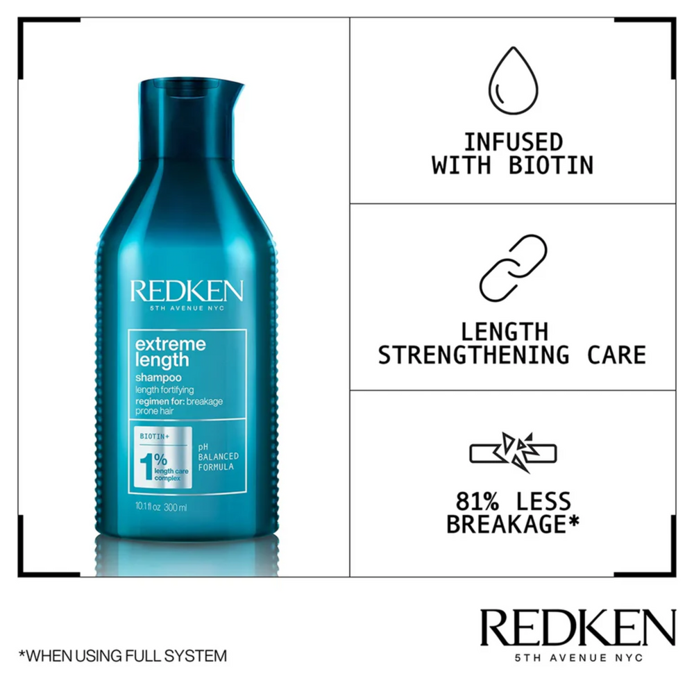 Flacon de shampooing Redken Extreme Length, enrichi en biotine pour renforcer et favoriser la croissance des cheveux