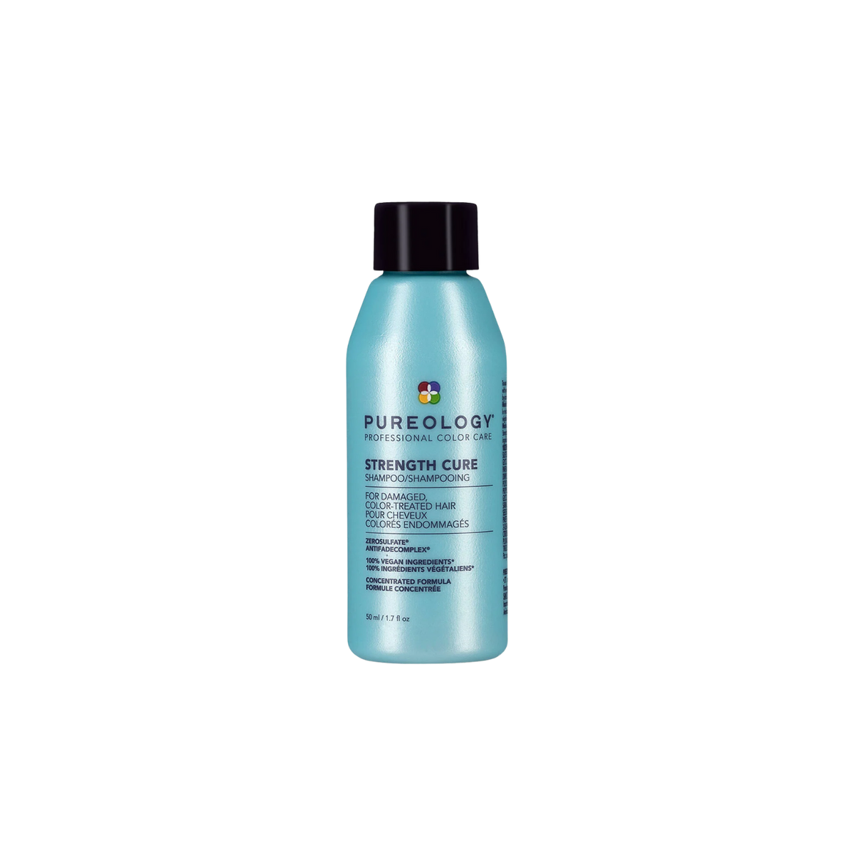 Bouteille de shampooing Strength Cure de Pureology de 266 ml, avec étiquette bleu clair.