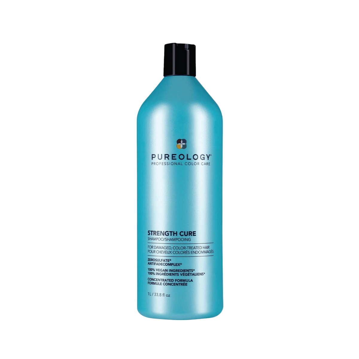 Bouteille de shampooing Strength Cure de Pureology de 266 ml, avec étiquette bleu clair.