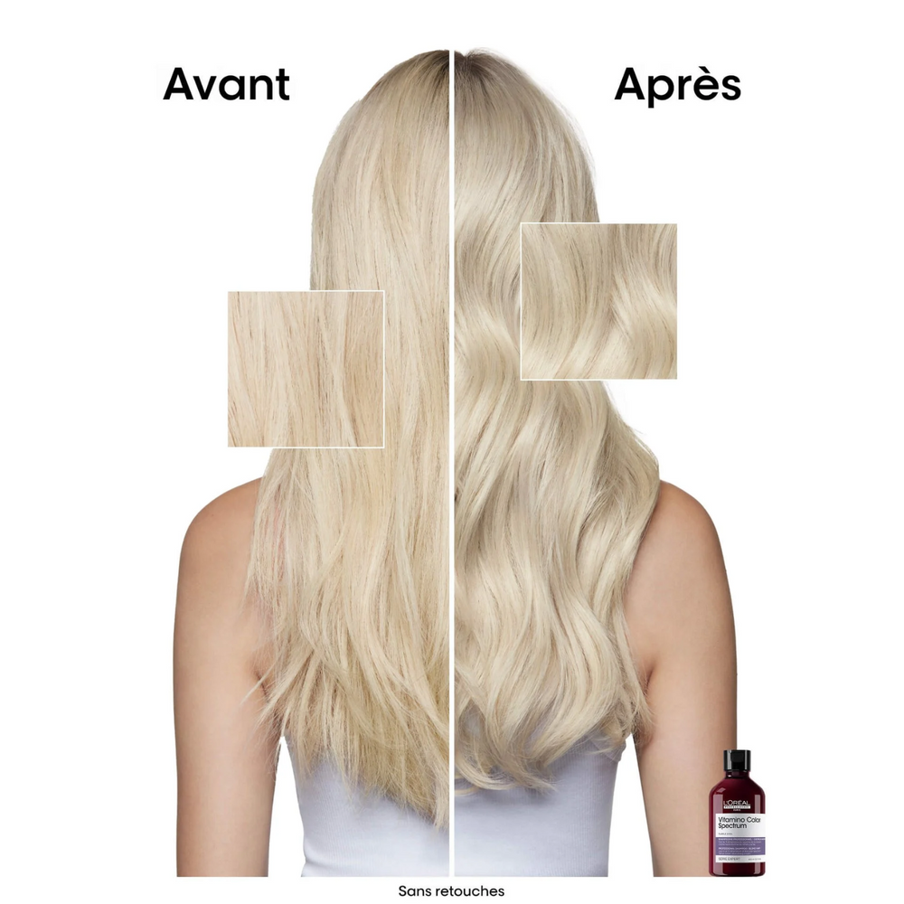 Flacon de shampooing violet Vitamino Color Spectrum L’Oréal Professionnel, idéal pour cheveux blonds.


