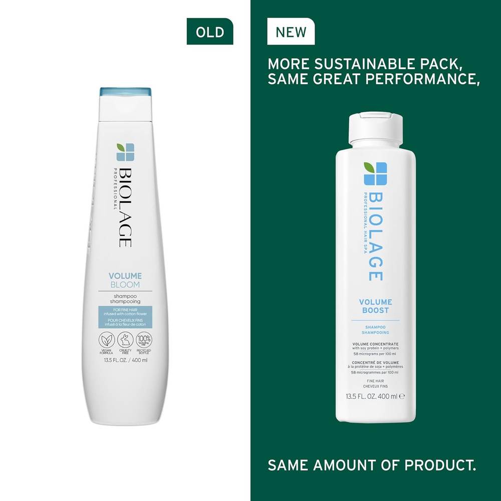Flacon de Biolage VolumeBloom Shampoo pour cheveux fins, étiquette visible