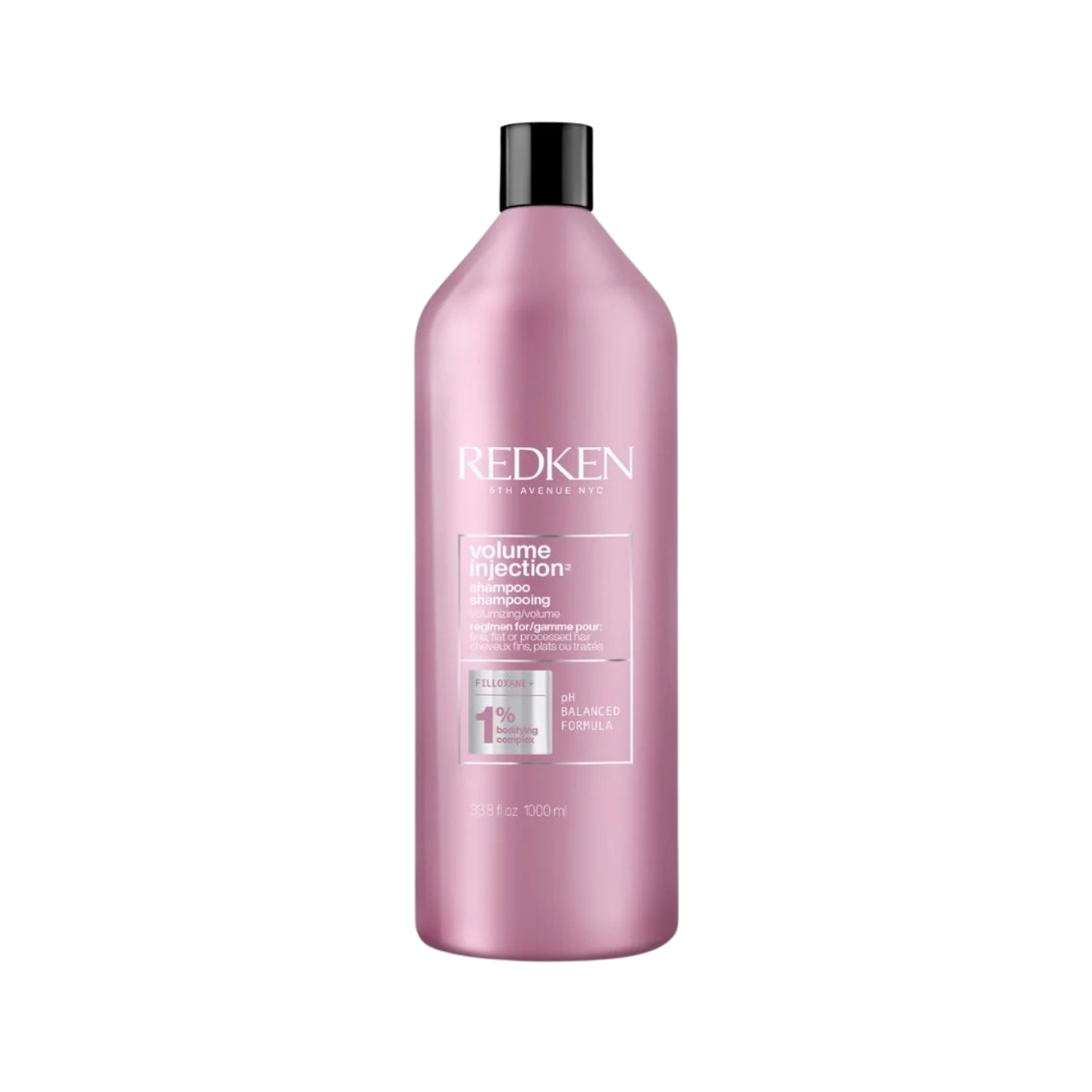 Flacon 1000 ml du shampooing Volume Injection Redken sur fond clair.