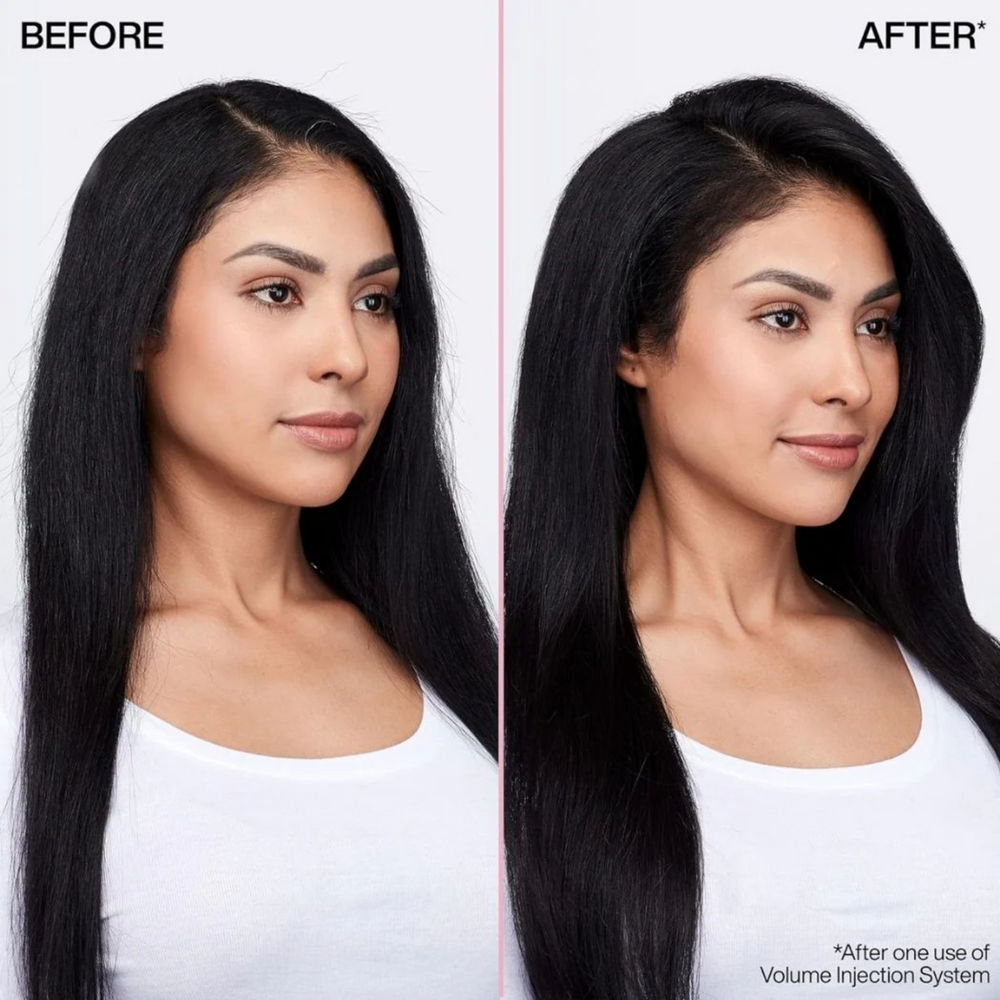 Flacon 1000 ml du shampooing Volume Injection Redken sur fond clair.