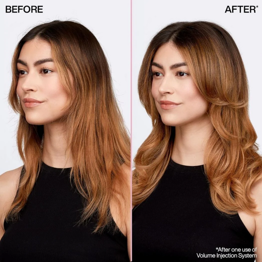 Flacon 1000 ml du shampooing Volume Injection Redken sur fond clair.