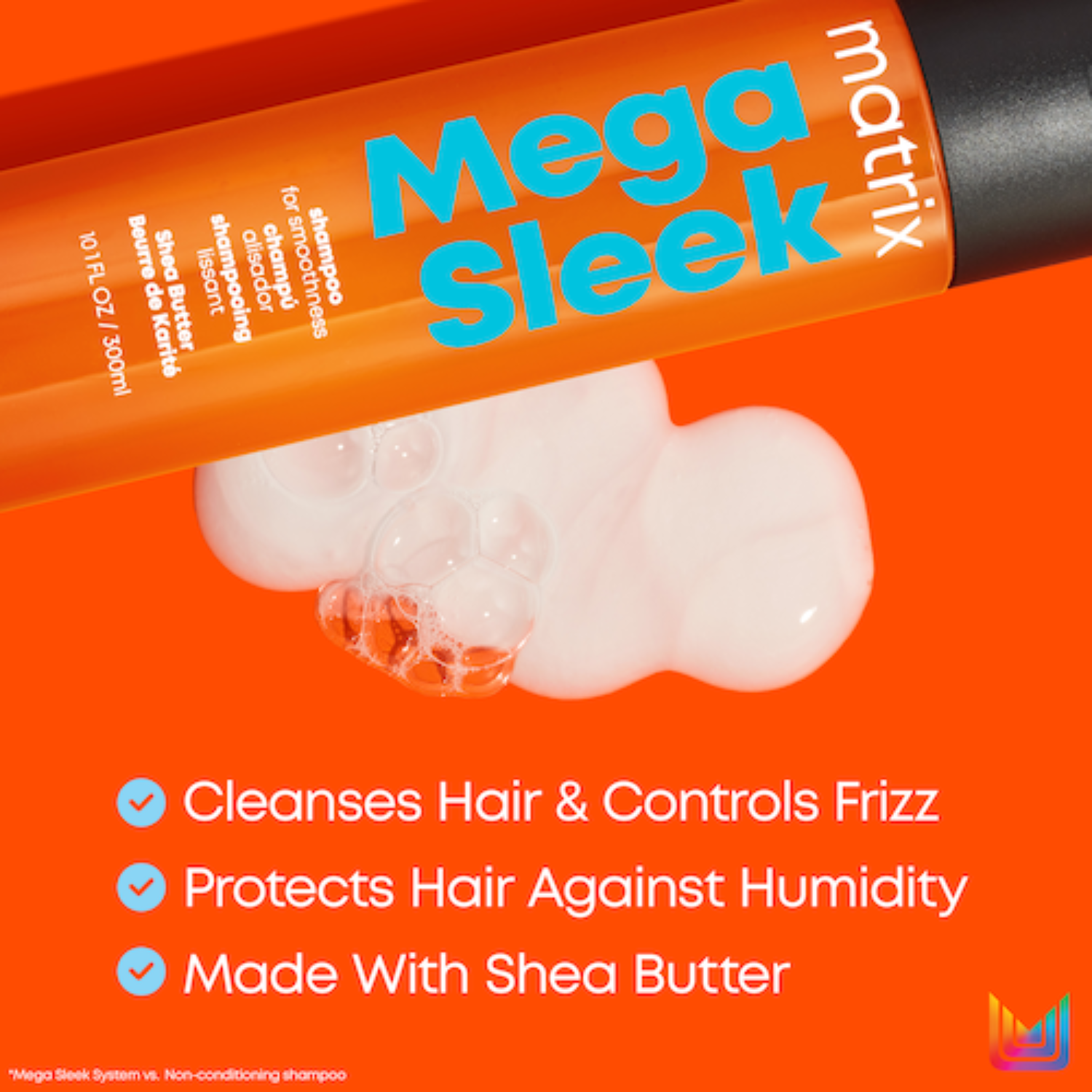 Shampooing Matrix Mega Sleek anti frisottis lissant cheveux épais beurre de karité hydratant