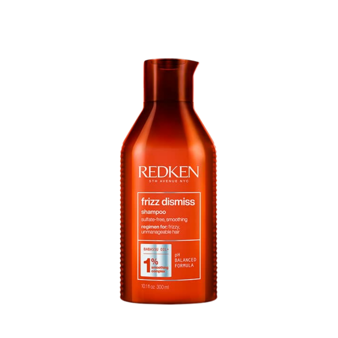Flacon du shampooing Redken Frizz Dismiss sur fond blanc, formule anti‑frisottis sans sulfates, huile de babassu mise en avant.