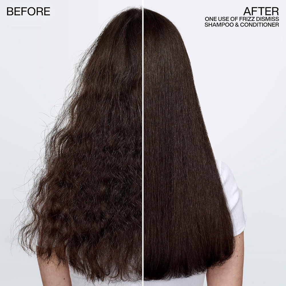 Flacon du shampooing Redken Frizz Dismiss sur fond blanc, formule anti‑frisottis sans sulfates, huile de babassu mise en avant.