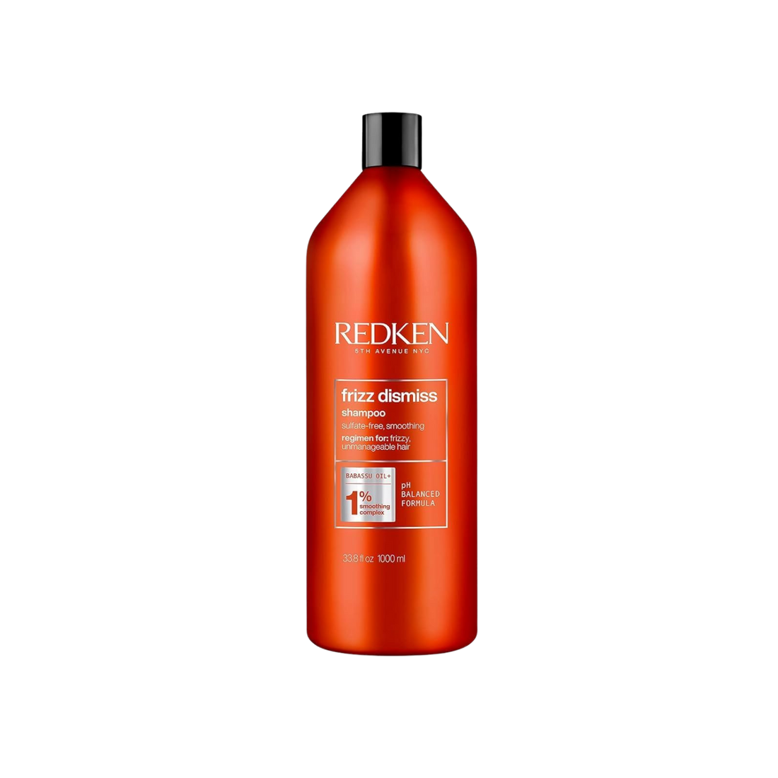 Flacon du shampooing Redken Frizz Dismiss sur fond blanc, formule anti‑frisottis sans sulfates, huile de babassu mise en avant.