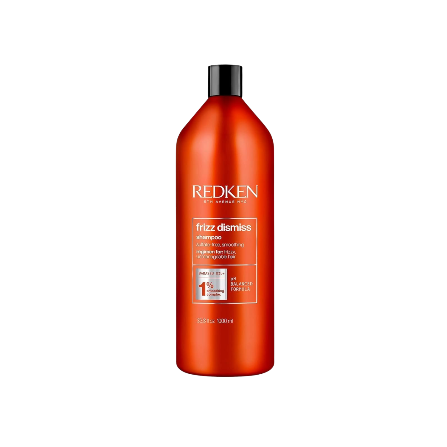 Flacon du shampooing Redken Frizz Dismiss sur fond blanc, formule anti‑frisottis sans sulfates, huile de babassu mise en avant.