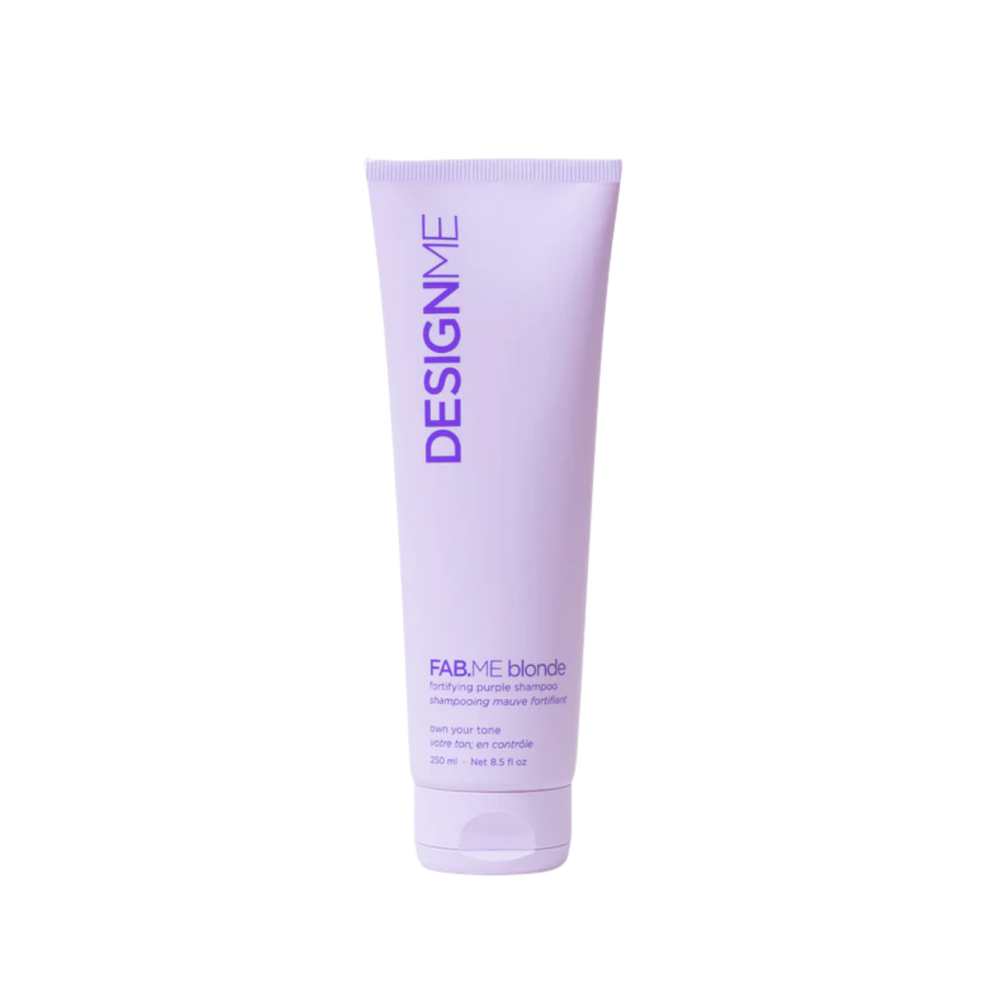 Tube de shampooing mauve fortifiant FAB.ME Blonde, neutralise reflets jaunes, cheveux brillants et renforcés