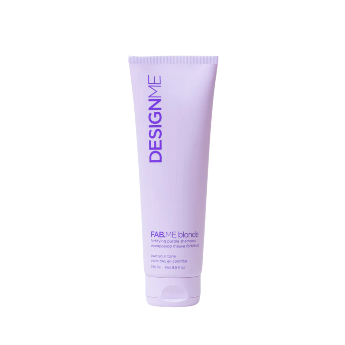 Tube de shampooing mauve fortifiant FAB.ME Blonde, neutralise reflets jaunes, cheveux brillants et renforcés