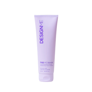 Tube de shampooing mauve fortifiant FAB.ME Blonde, neutralise reflets jaunes, cheveux brillants et renforcés