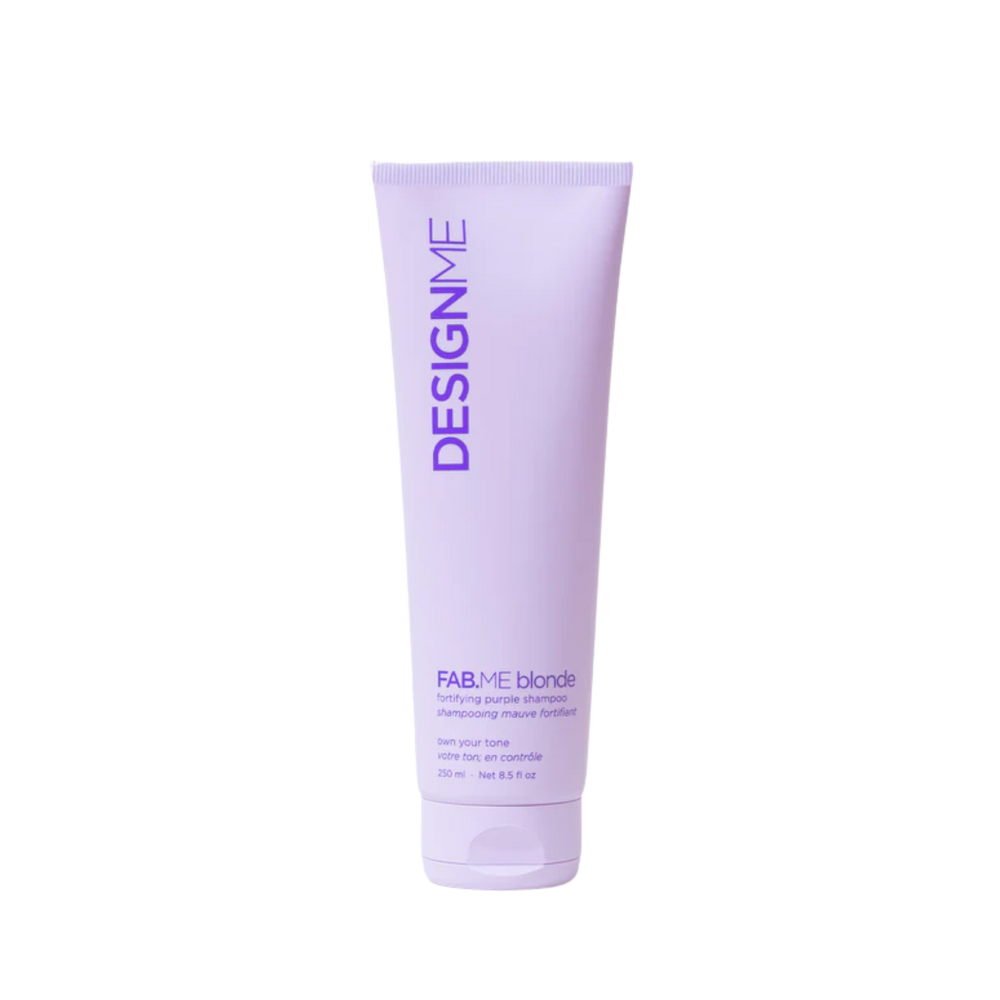 Tube de shampooing mauve fortifiant FAB.ME Blonde, neutralise reflets jaunes, cheveux brillants et renforcés