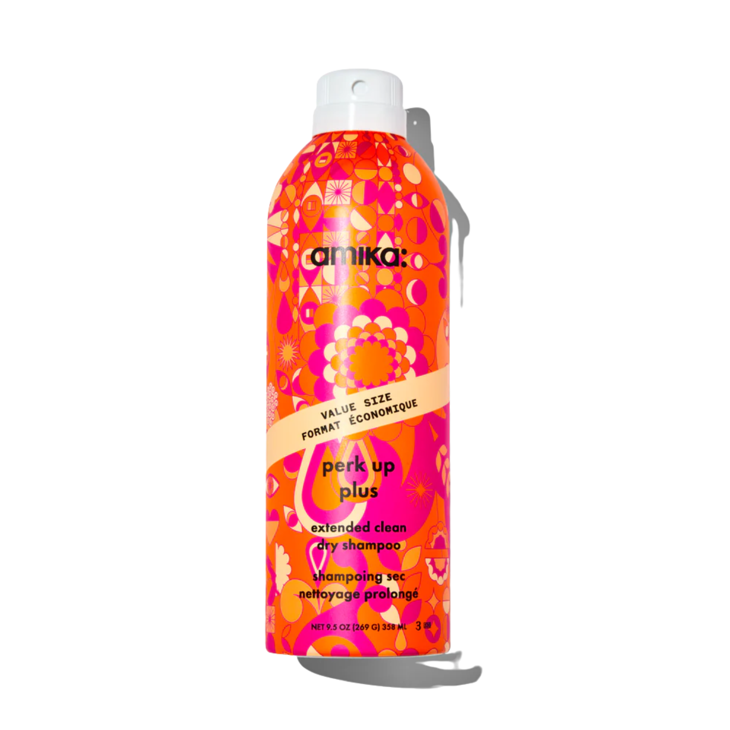 Flacon de shampooing sec Amika Perk Up Plus 68 ml sur fond blanc